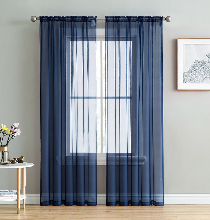 HLC.ME Navy Blue Sheer Voile Window Treatment Rod Pocket Curtain Panels for Bedroom, Kitchen, and Living Room (54 x 72 inches Long, Set of 2) - Image 1